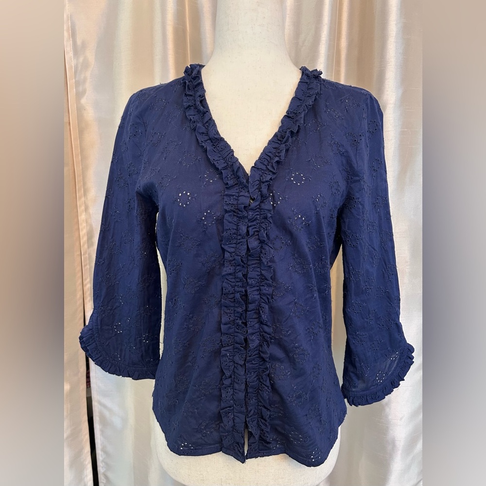 Vintage Y2K Ralph Lauren Navy Eyelet Lace Ruffle V-Neck Top Size 4